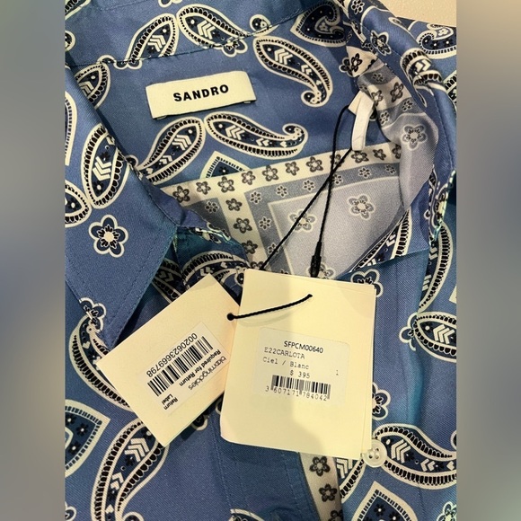 Sandro | Carlota Printed Silk Blouse Blue white size 1 (small) - Picture 13 of 13